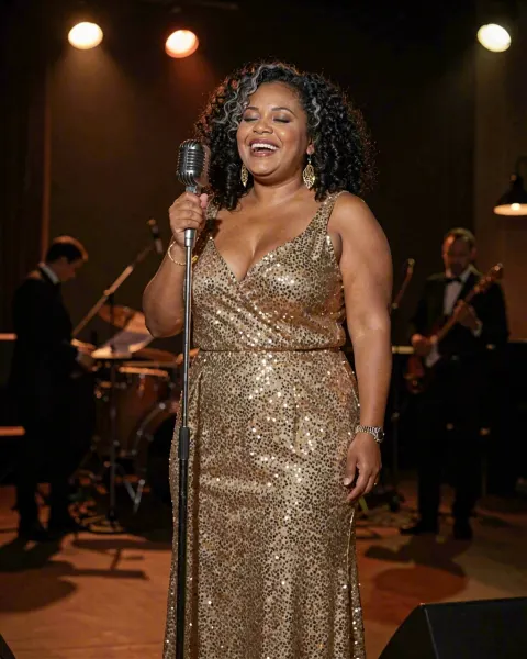 Renée, an AI character, singing on a jazz stage in a gold sequin gown